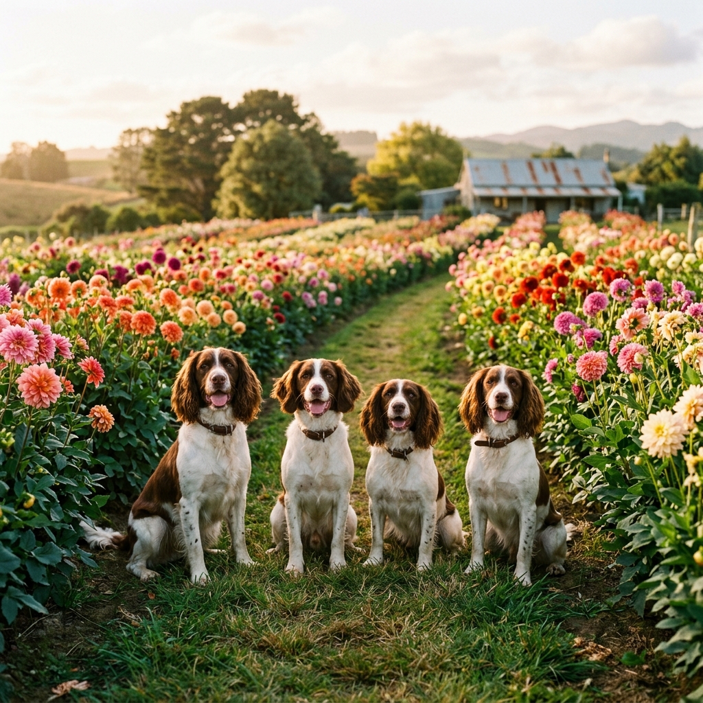 The Heritage spaniels between rows of dahlias